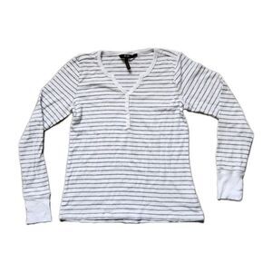 BCBG Paris Henley Shirt Womens M White Gray Stripe Long Sleeve Cotton Modal EUC